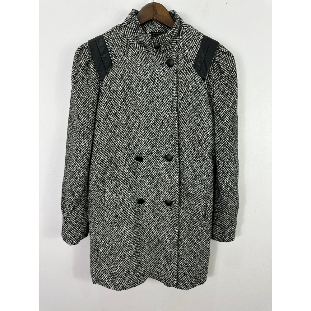 Vintage Herringbone Tweed Coat Womens L Black White Leather Trim 80s Style USA